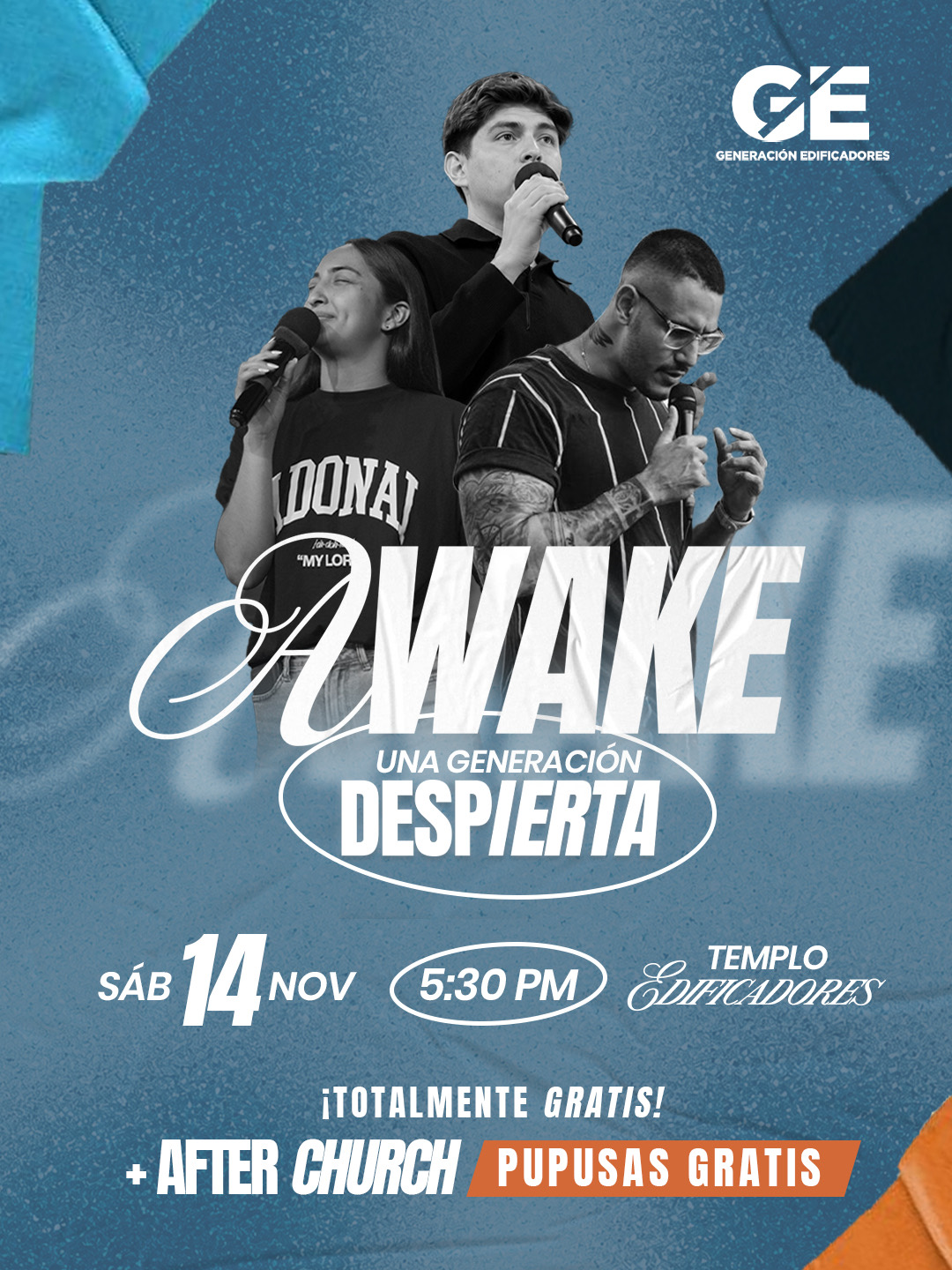 Flyer oficial de Awake: 14 de noviembre, 5:30 p. m., Templo Edificadores, entrada y pupusas gratis